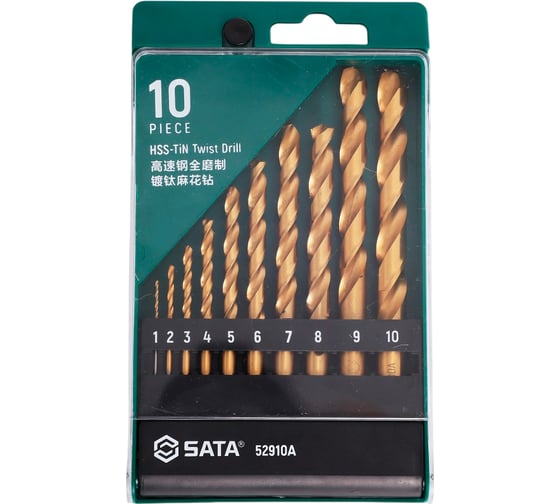 Изображение товара Набор сверел из быстрорежущей стали с титановым напылением, 10 шт, 1-10 мм SATA 52910A