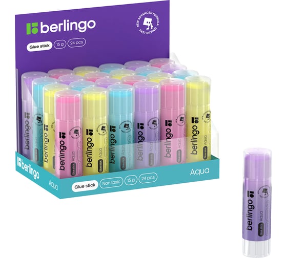Изображение товара Клей-карандаш Berlingo Aqua, 15г, 24 шт в упаковке, цветной FPp_15100