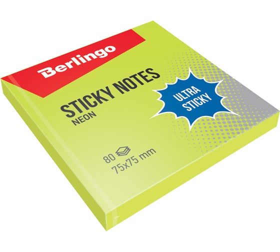 Изображение товара Самоклеящийся блок BERLINGO Ultra Sticky 75x75 мм, 80 листов, зеленый неон LSn_39201