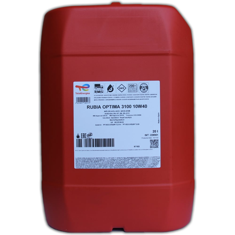 Изображение товара Моторное масло TOTAL Rubia Optima 3100 10W-40 20л для грузовых дизельных двигателей