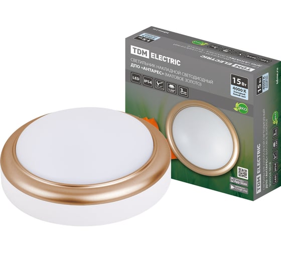 Изображение товара Светильник TDM ELECTRIC накладной LED ДПО 15Вт 4000К круг 180х66 мм матовый золото IP54 серия Антарес SQ0354-0018