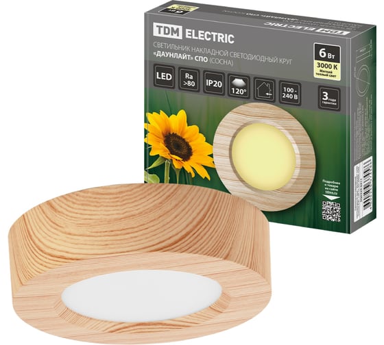 Изображение товара Светильник TDM ELECTRIC светодиодный потолочный накладной круг "Даунлайт" СПО (сосна) 6 Вт 120х32 мм 3000К SQ0329-0411