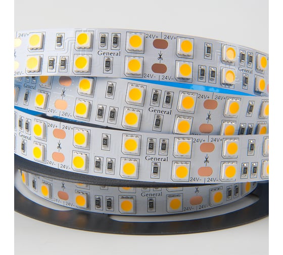 Изображение товара Лента светодиодная General Lighting Systems Premium GLS-5050-120-28.8-24-IP20-PRM-3, 5 метров, 28,8Вт/м, 24В, 10мм, 120 диодов/м, 22 Лм/чип, 3000К - теплый белый 502443