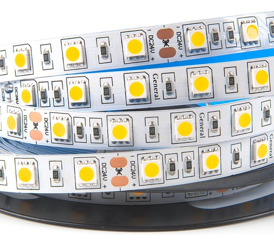 Изображение товара Лента светодиодная General Lighting Systems Premium GLS-5050-60-14.4-24-IP20-PRM-3, 5 метров, 14,4Вт/м, 24В, 10мм, 60 диодов/м, 22Лм/чип, 3000К - теплый белый 502343
