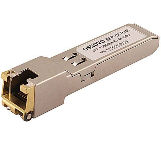 Изображение товара SFP модуль OSNOVO SFP-TP-RJ45(10G) 10G Ethernet с разъемом RJ45. Скорость 10 Гбит/с. Расстояние передачи - 30 м. Размеры (ШхВхГ): 13,8x13,7x68мм. Рабочая температура: 0…+70С. 14908