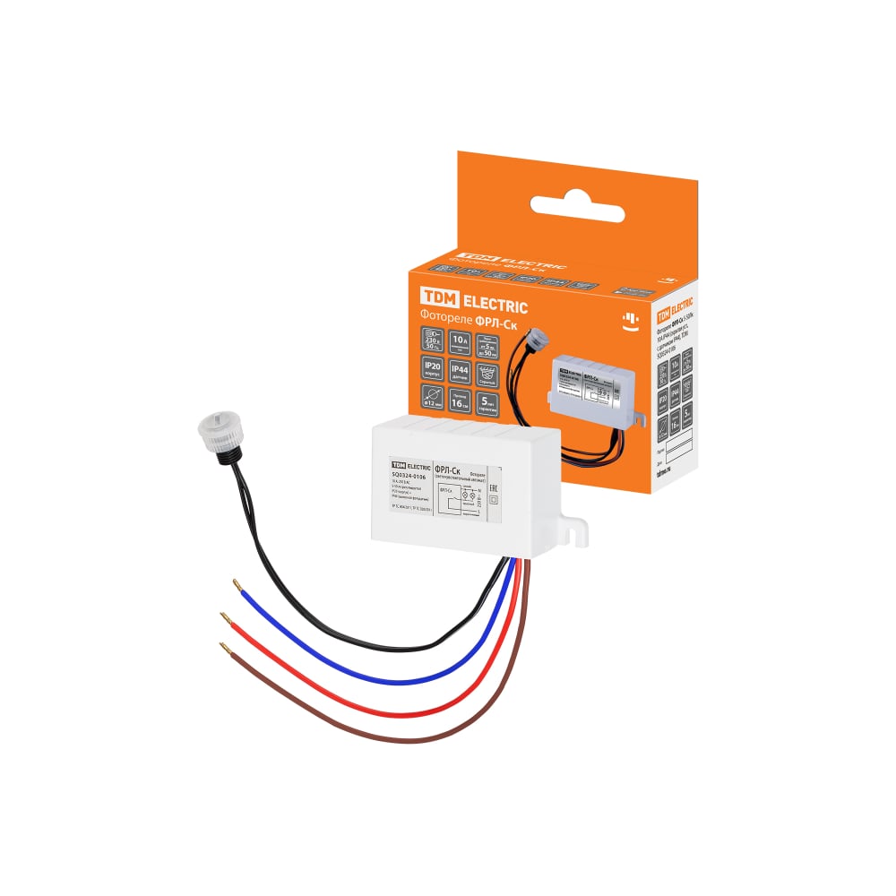 Изображение товара Фотореле TDM ELECTRIC ФРЛ-Ск 5-50лк, 10А, IP44, скрытая установка, с датчиком, IP44 SQ0324-0106