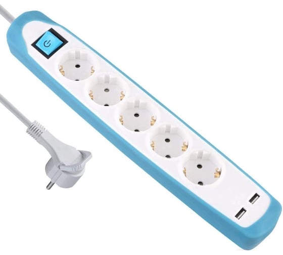Изображение товара Удлинитель Electraline 5Р+2USB с выключателем, 3x1-2М, с заземлением, силикон, бело-синий 62160