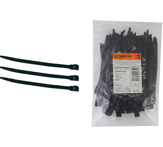 Изображение товара Стяжки пластиковые TDM ELECTRIC хомут горизонтальным замком (не разъемный) КСГ 9х360 черный 100 штук SQ0524-0003