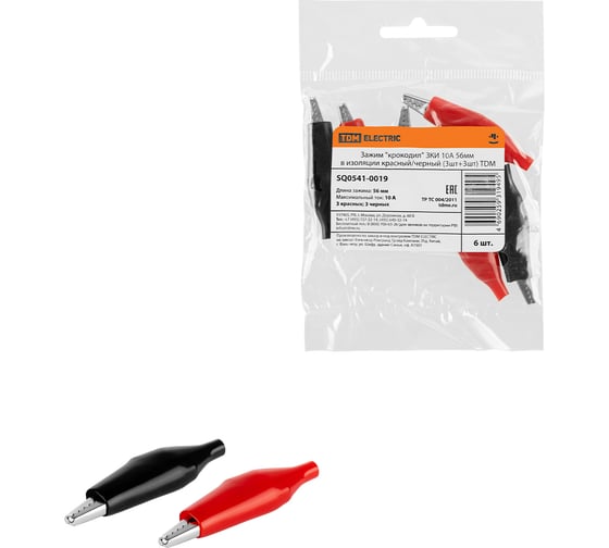 Изображение товара Зажим "крокодил" TDM ELECTRIC ЗКИ 10А 56мм в изоляции красный/черный 3шт+3шт SQ0541-0019