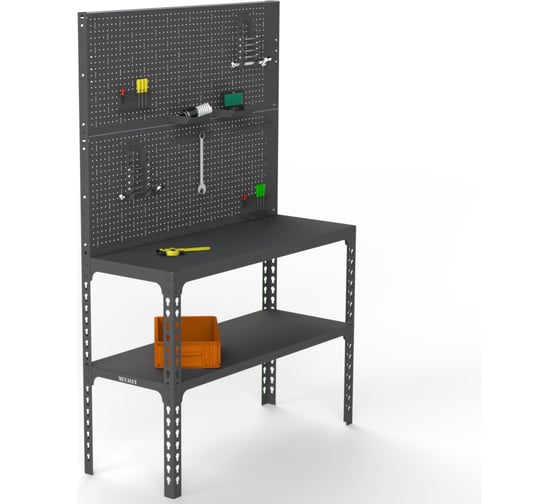 Изображение товара Стол-верстак ООО Металекс 950x1700x500 мм, одна полка + двойная перфопанель с комплектом аксессуаров, серый 111776