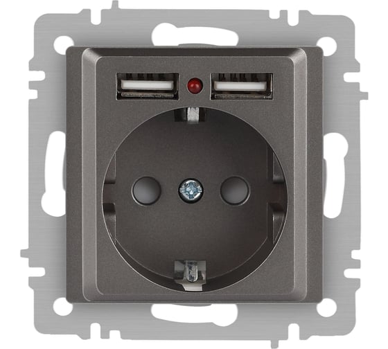 Изображение товара Розетка Intro Accent 6-410-09 PE Schuko со шторками, 16А250В 2хUSB, IP20, СУ, титан Б0063711