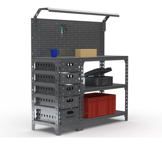 Изображение товара Стол-верстак ООО Металекс серия SUN 950x1600x500 мм, с бок. тумбой, 1-ой панелью и комплектом освещения, серый 111911