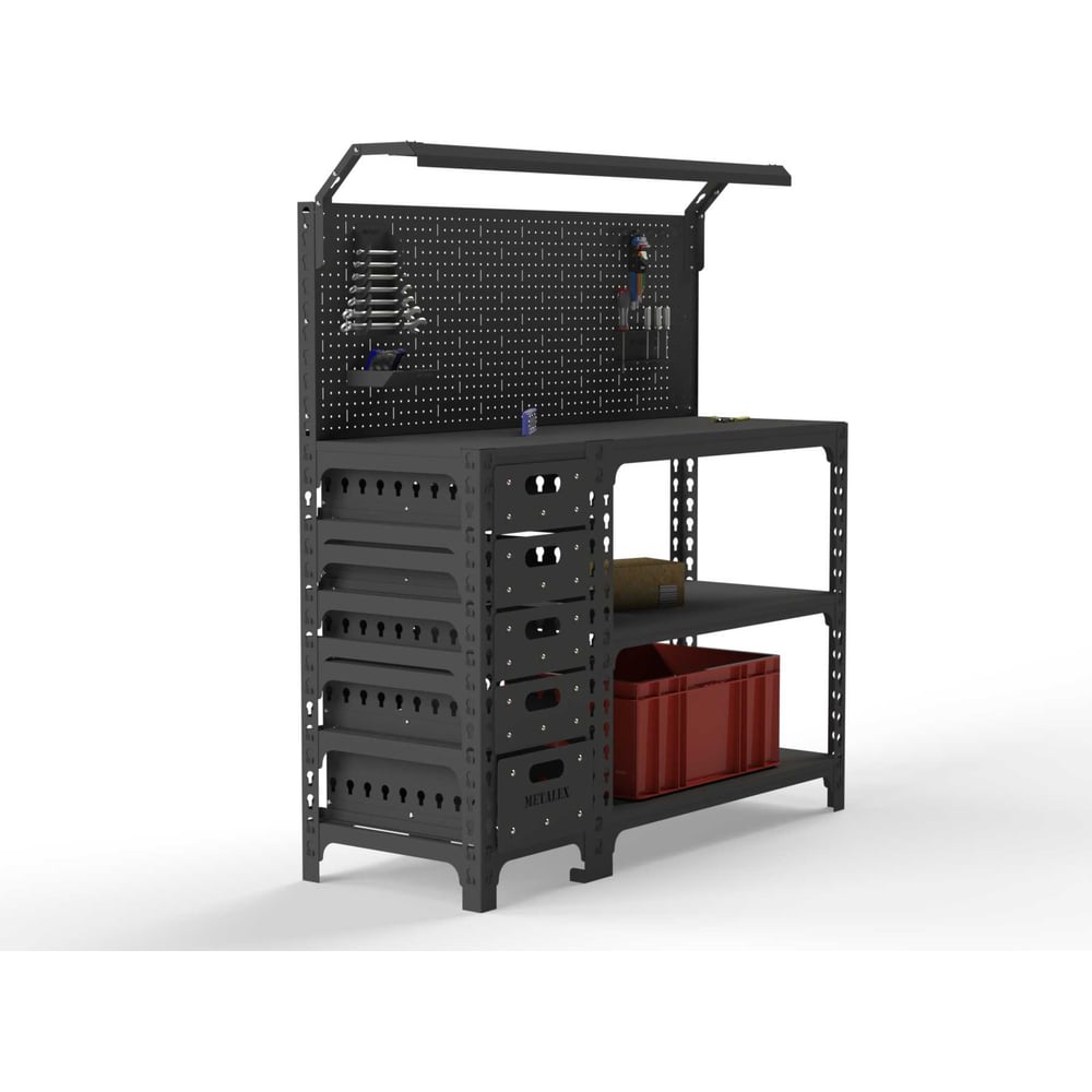 Изображение товара Верстак промышленный металлический серии SUN 950x1200x600 мм с бок. тумбой и освещением