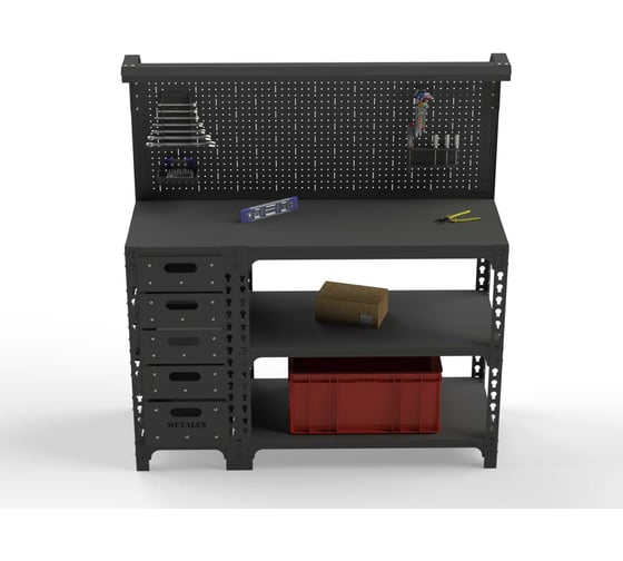 Изображение товара Стол-верстак ООО Металекс серия SUN 950x1000x600 мм, с бок. тумбой, 1-ой панелью и комплектом освещения, серый 111912