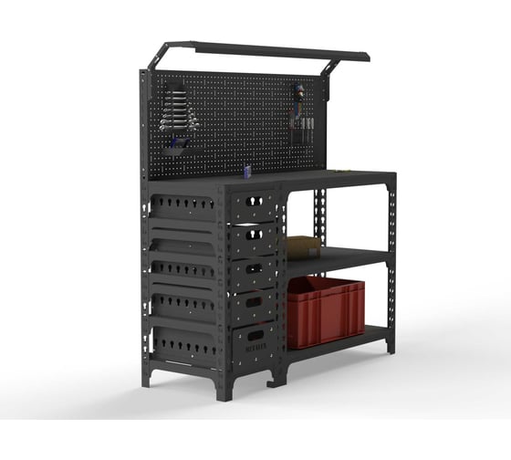 Изображение товара Стол-верстак ООО Металекс серия SUN 950x1600x600 мм, с бок. тумбой, 1-ой панелью и комплектом освещения, серый 111915