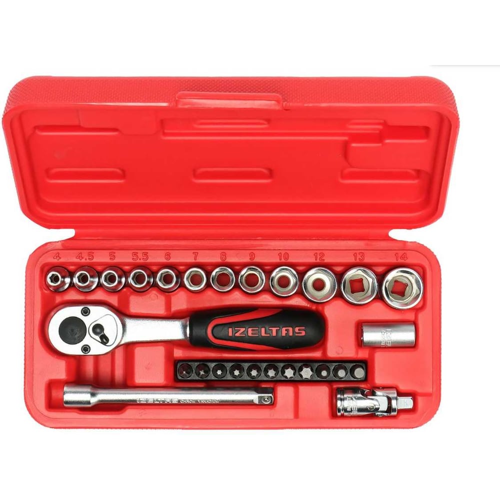 Изображение товара Набор торцевых головок IZELTAS 1/4 6-гранные 27 предметов 4-14 мм