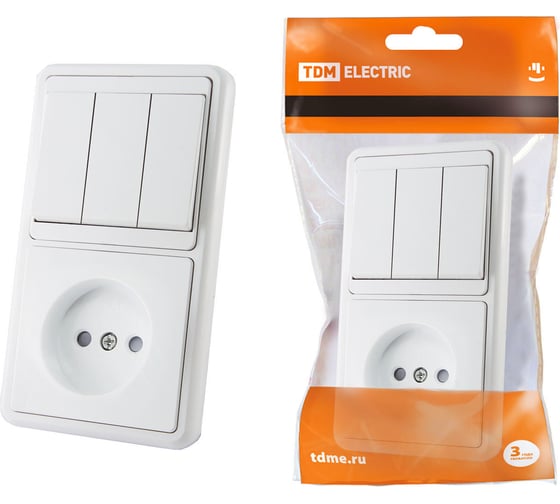 Изображение товара Комбинированный блок TDM ELECTRIC БКВР 3-х клавишный выключатель + розетка 2П с защитными шторками SQ1813-0006