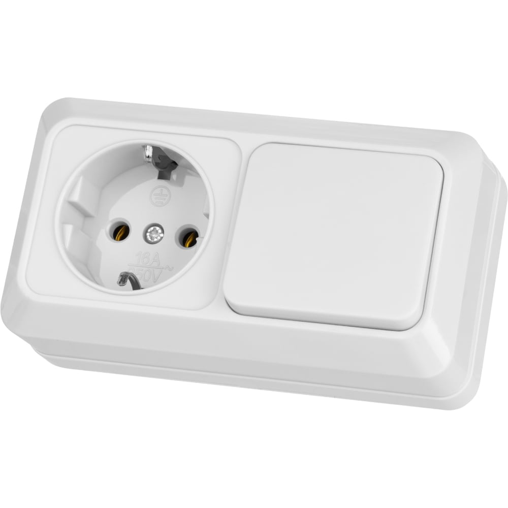 Изображение товара Комбинированный блок TDM ELECTRIC выключатель 1-клавишный 10А + розетка 2П+З 16А IP20 белый