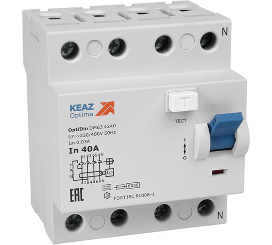 Изображение товара ВДТ КЭАЗ без защиты от сверхтоков OptiDin DM63-4140-AС-УХЛ4 (4P, 40, 10mA) 254210