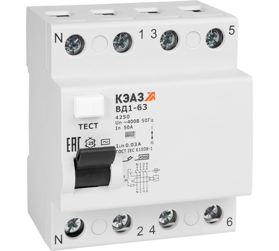 Изображение товара ВДТ КЭАЗ без защиты от сверхтоков ВД1-63-4240-А-УХЛ4- (4P, 40, 30mA) 221971