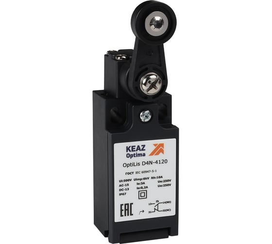 Изображение товара Выключатель концевой КЭАЗ OptiLiS D4N-4120 рычаг пластиковый с роликом пластиковым EN 50047 XCKN2118P20 365306