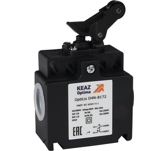 Изображение товара Выключатель концевой КЭАЗ OptiLiS D4N-8172 рычаг роликовый вертикальное перемещение EN 50047 XCKT2127P16 365317