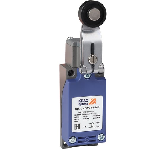 Изображение товара Выключатель концевой КЭАЗ OptiLiS D4V-8104Z рычаг металлический с роликом пластиковым XCKP2118P16 365290