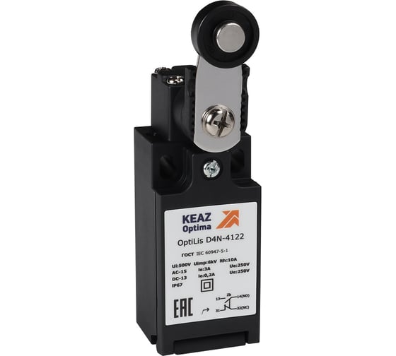 Изображение товара Выключатель концевой КЭАЗ OptiLiS D4N-4122 рычаг металлический с роликом пластиковым EN 50047 XCKN2118P20 365307