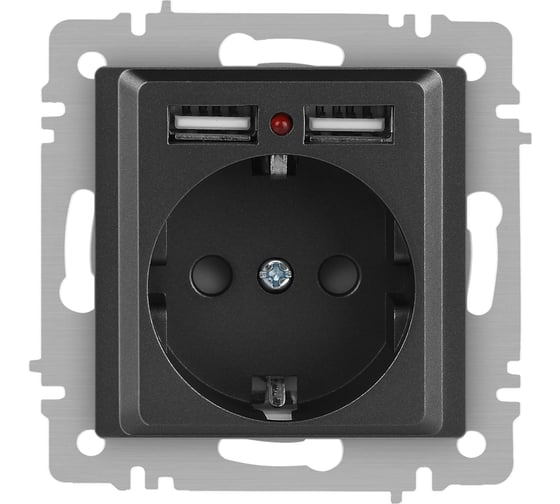 Изображение товара Розетка Intro Accent 641007 PE Schuko со шторками, 16А 250В 2хUSB, IP20, СУ, графит Б0063702