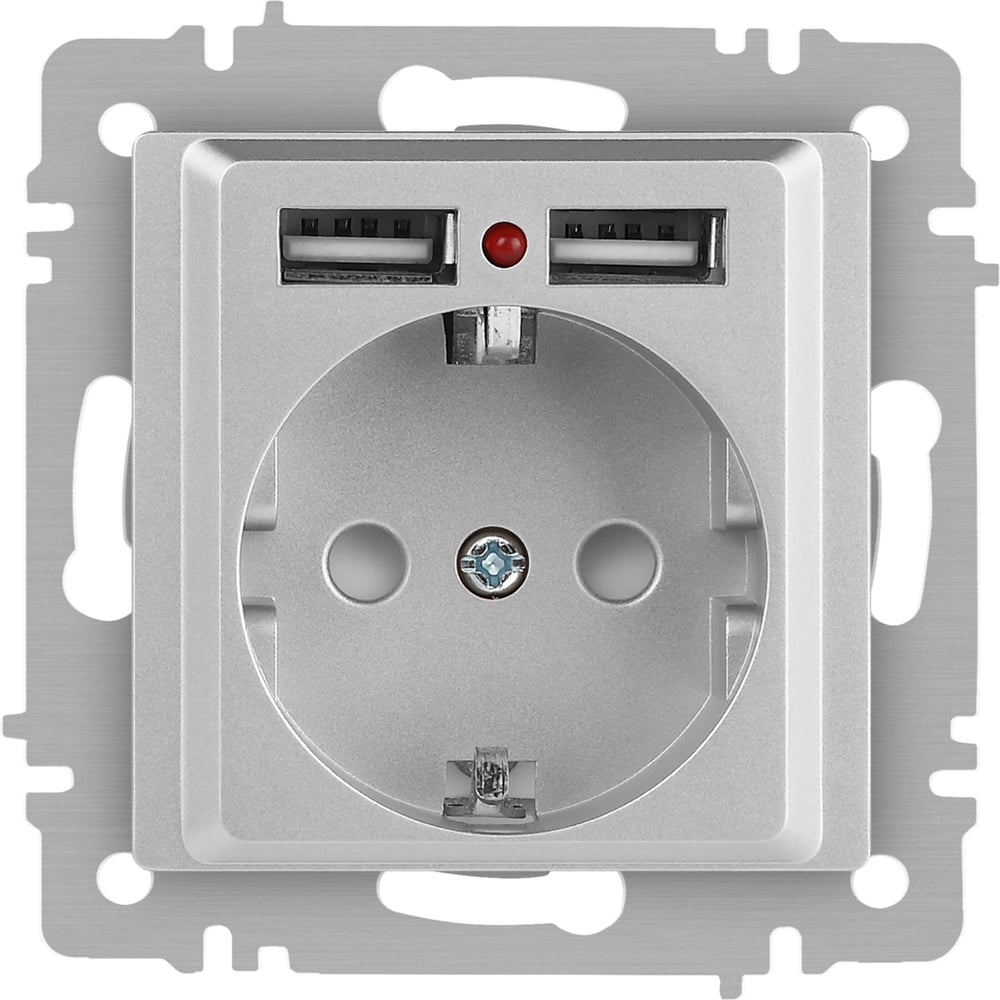 Изображение товара Розетка Intro Accent 641003 PE Schuko с USB и защитными шторками алюминий