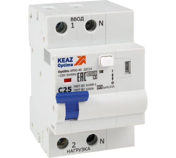 Изображение товара Устройство защиты от дугового пробоя КЭАЗ с АВДТ и защитой от поворотного напряжения OptiDin AFDD-40-22C25-A-У3 (2P, C25, 30mA, Uоткл 275В) 339089