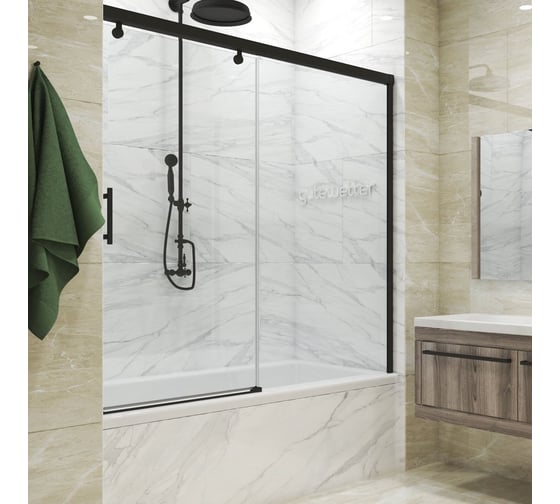 Изображение товара Шторка на ванну GuteWetter GWMPSLPR862 170x160 см, цвет фурнитуры черный матовый, цвет стекла бесцветный, стекло закаленное 8 мм/6 мм, открывание двери левое/правое 4698033075179