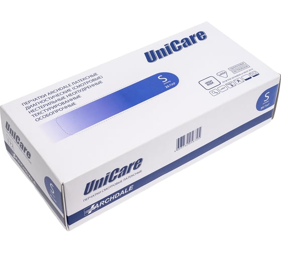 Изображение товара Перчатки смотровые ARCHDALE Блок Unicare особопрочные, латексные, неопудренные, синие, 13 г, р S, 25 пар B172S