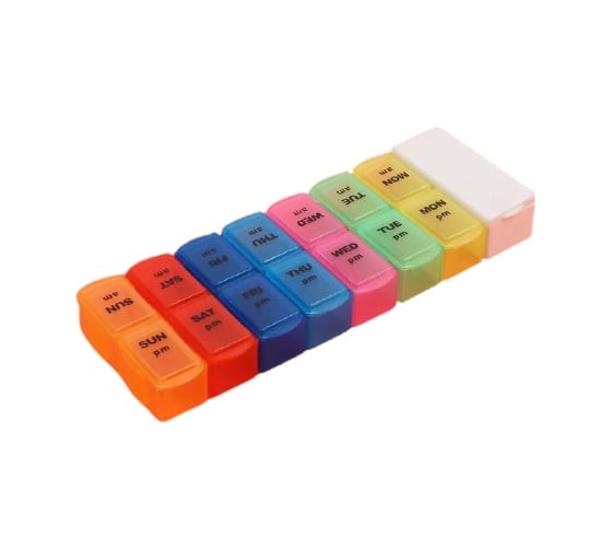 Изображение товара Таблетница-органайзер Onlitop 7 контейнеров по 2 секции 20х7,5х2,5 см Неделька утро/вечер с таблеторезом англ буквы цв накл ОТ 1528843