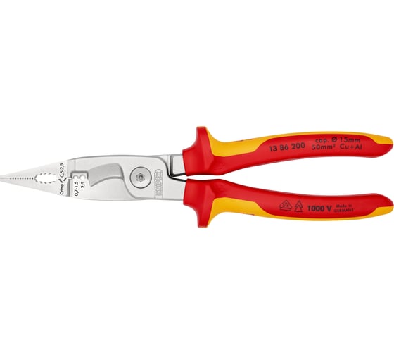 Изображение товара Электромонтажные клещи Knipex VDE, 6-в-1, 200 мм, диэлектрические, хром, 2К ручки, KN-1386200SB