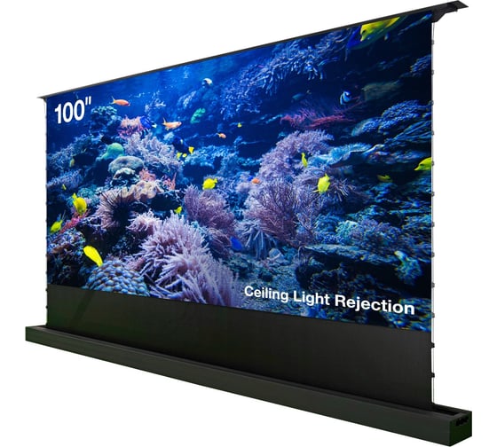 Изображение товара Экран Cactus FloorRising CS-PSFRCLR-221x125, 16:9, 125x221 см, напольный, рулонный, черный, моторизованный привод 2029358