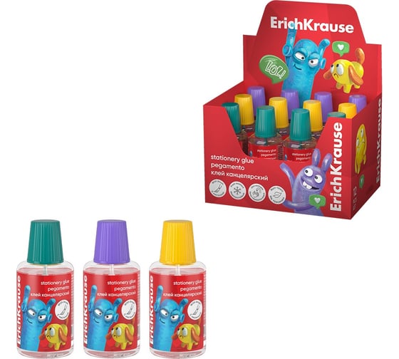 Изображение товара Канцелярский клей ErichKrause EasyStick Jolly Friends, с кисточкой, 20 мл, ассорти (в дисплее по 12 шт.) 61287