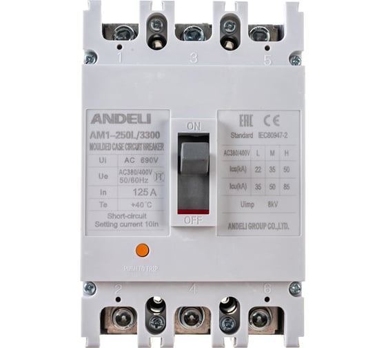 Изображение товара Автоматический выключатель ANDELI AM1-250L/3P 125A, 35KA ADL06-038