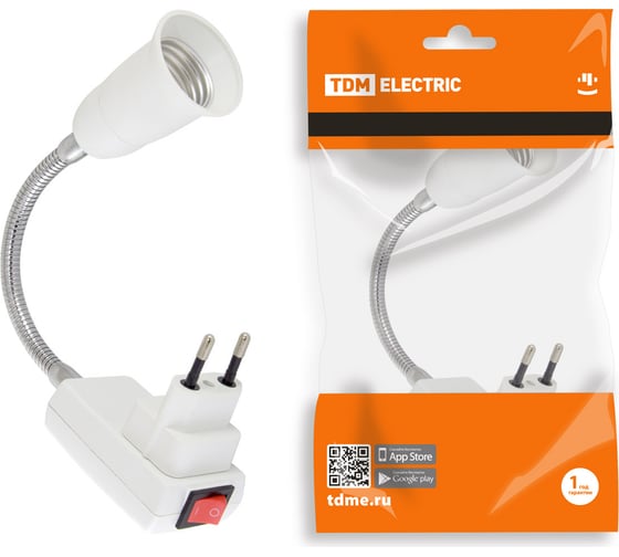 Изображение товара Переходник TDM ELECTRIC вилка-Е27 гибкий, 150мм, с выключателем, белый SQ0335-1012