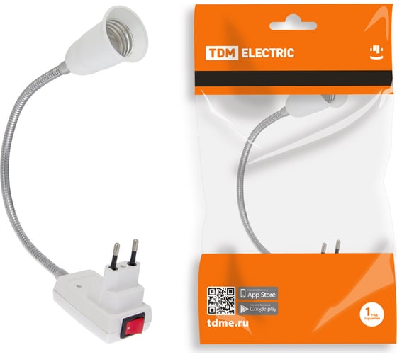 Изображение товара Переходник TDM вилка-Е27 гибкий, 300мм, с выключателем, белый SQ0335-1011