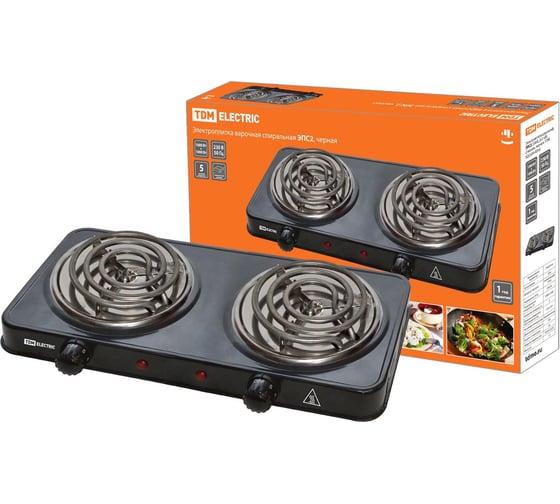 Изображение товара Двухконфорочная электроплитка TDM ЭПС2 230 В, 2х1 кВт, спираль, черная SQ2504-0016