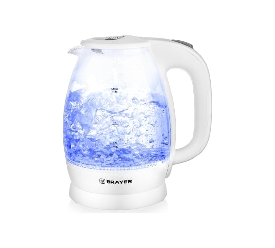 Изображение товара Электрический стеклянный чайник BRAYER 2200 Вт, 1.8 л, высокопрочное стекло, подсветка, автоотключение, моющийся фильтр BR1013WH