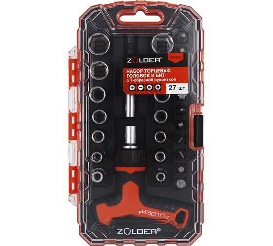 Изображение товара Набор торцевых головок и бит ZOLDER 345943 с Т-образной рукояткой (27 шт) ЭК000145943