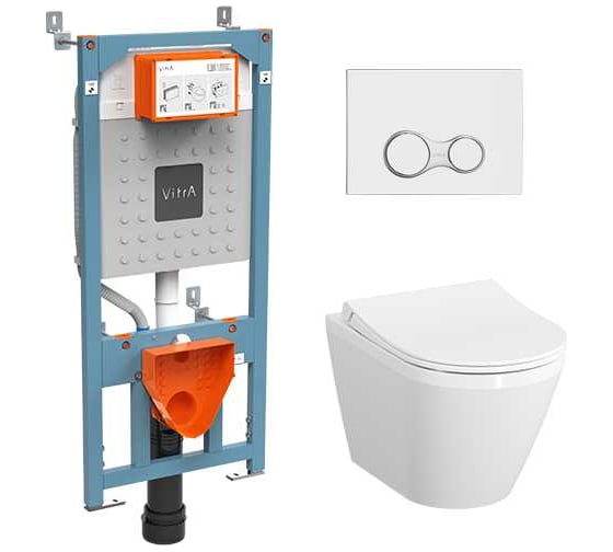 Изображение товара Комплект: подвесной безободковый унитаз VITRA Integra Round с тонким сиденьем с микролифтом, инсталляцией и панелью управления 9856B003-7205