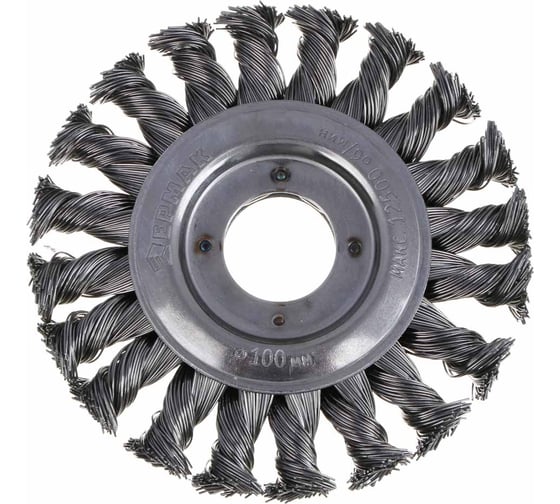 Изображение товара Щетка дисковая для УШМ ЕРМАК PROFI плетеные пучки стальной проволоки 0.5 мм, 100x22 мм 679-034