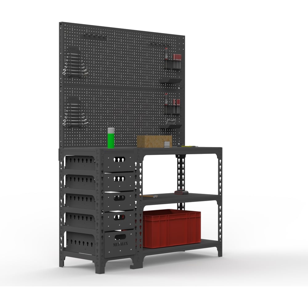 Изображение товара Стол-верстак ООО Металекс c одной тумбой 950x1400x600 + двойная перфопанель с комплектом аксессуаров (серый) / 111848 Изображение товара Стол-верстак ООО Металекс c одной тумбой 950x1400x600 + двойная перфопанель с комплектом аксессуаров (серый) / 111848