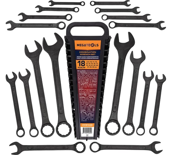 Изображение товара Ключи комбинированные MEGATOOLS набор 18 предметов (8-19, 21, 22, 24, 27, 30, 32мм) MT-5181MP BLACK(64640)