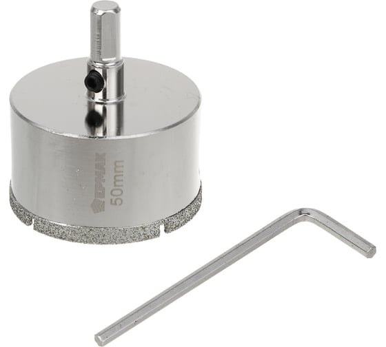 Изображение товара Коронка алмазная с центрирующим сверлом ЕРМАК 50 мм по керамике и стеклу, Р45, трехгр хвостовик 602-013