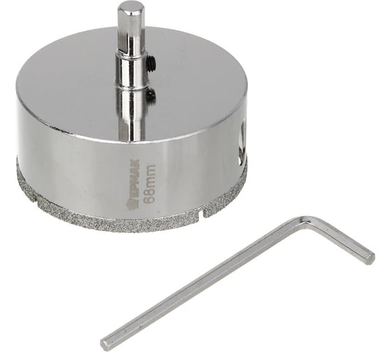 Изображение товара Коронка алмазная с центрирующим сверлом ЕРМАК 68 мм по керамике и стеклу, Р45, трехгр хвостовик 602-014