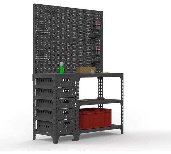Изображение товара Стол-верстак ООО Металекс c одной тумбой 950x1600x400 + двойная перфопанель с комплектом аксессуаров (серый) / 111841